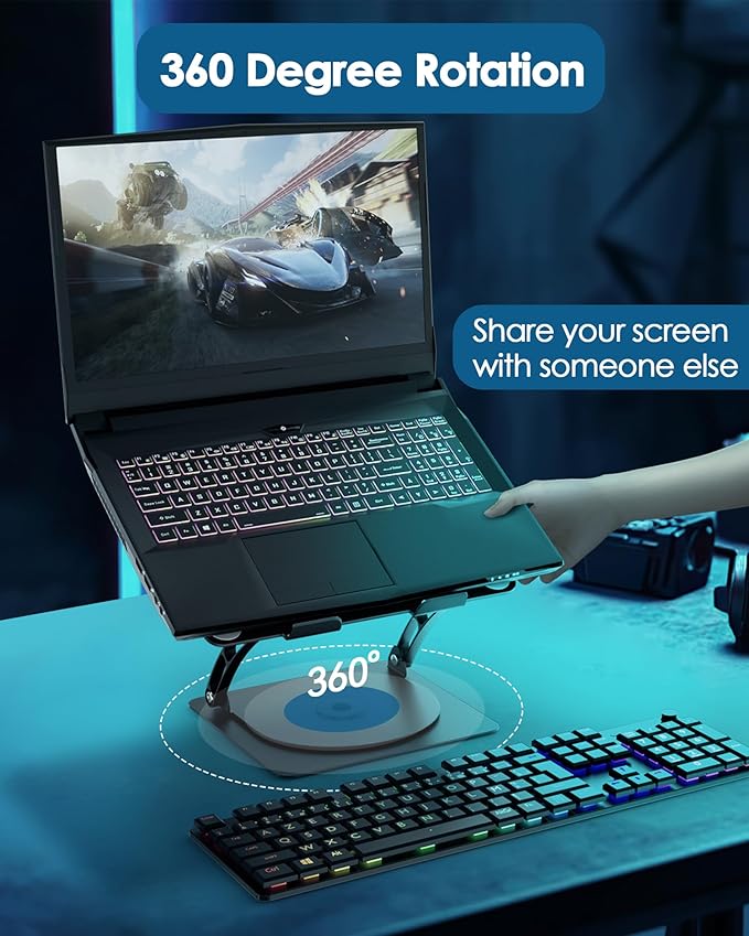 SHUWEI Gaming Laptop Cooling Pad with 360° Rotation Base, Ergonimic Aluminum Laptop Cooling Stand with 3 Speed Fan, Adjustable Height Laptop Cooling Pad for 10-17.3'' Notebook - Silver