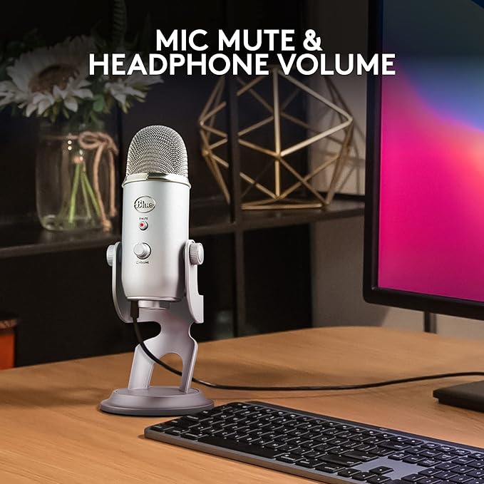 Blue Microphones Yeti Silver USB Mic for Recording, Streaming & Gaming on PC and Mac with Blue Voce Effects 4 Pickup Patterns, Headphone Output, Volume Control, Mic Gain Control, & Adjustable Stand