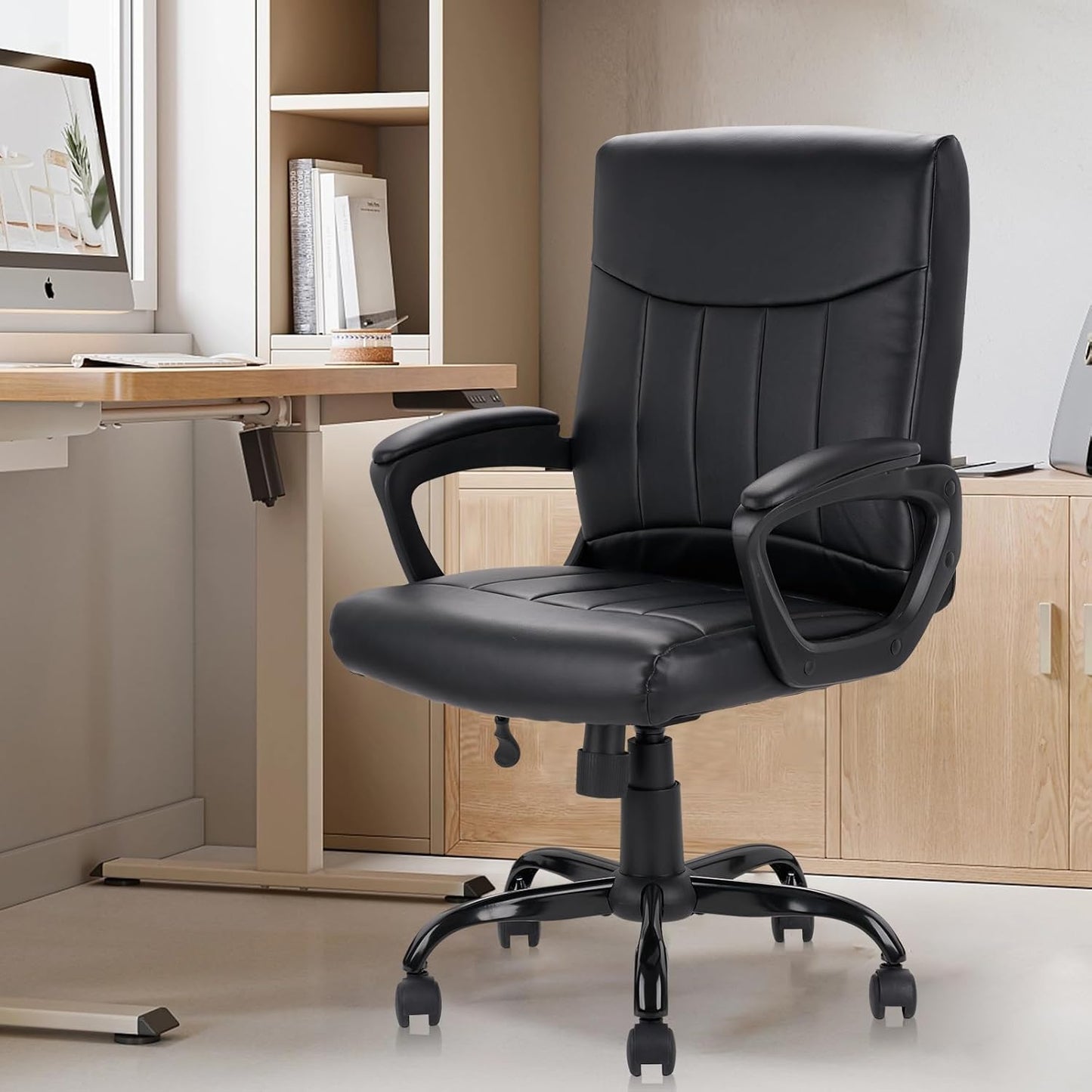 CLATINA Mid Back Leather Office Executive Chair with Lumbar Support and Padded Armrestes Swivel Adjustable Ergonomic Design for Home Computer Desk