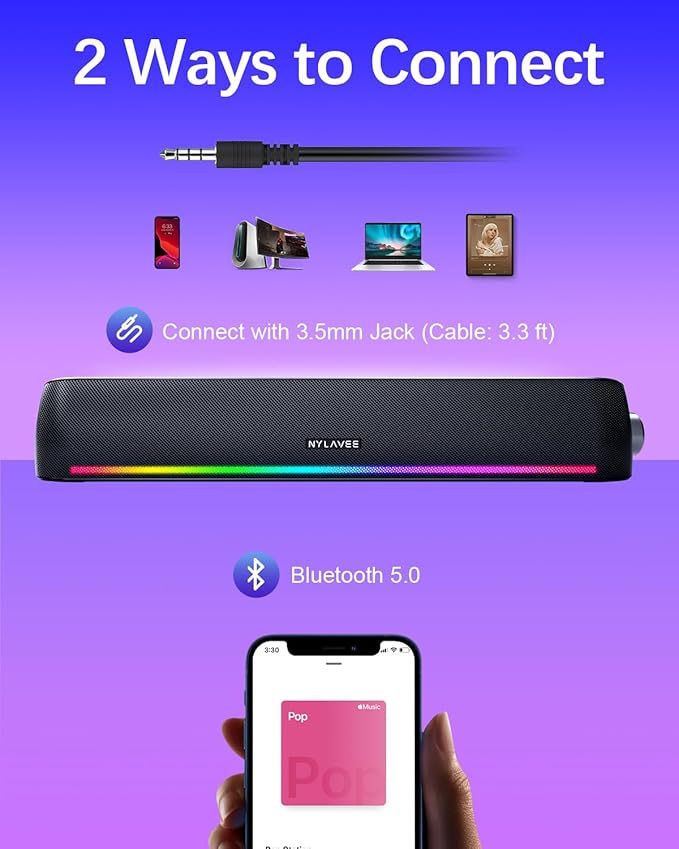 Computer Speakers, Hi-Fi Sound Quality Computer Sound Bar, Bluetooth 5.0 & 3.5mm Wired PC Speakers with 4 Dynamic Lighting Modes, USB Powered Speakers for PC, Desktop, Laptops, Phones, Monitors, Xbox