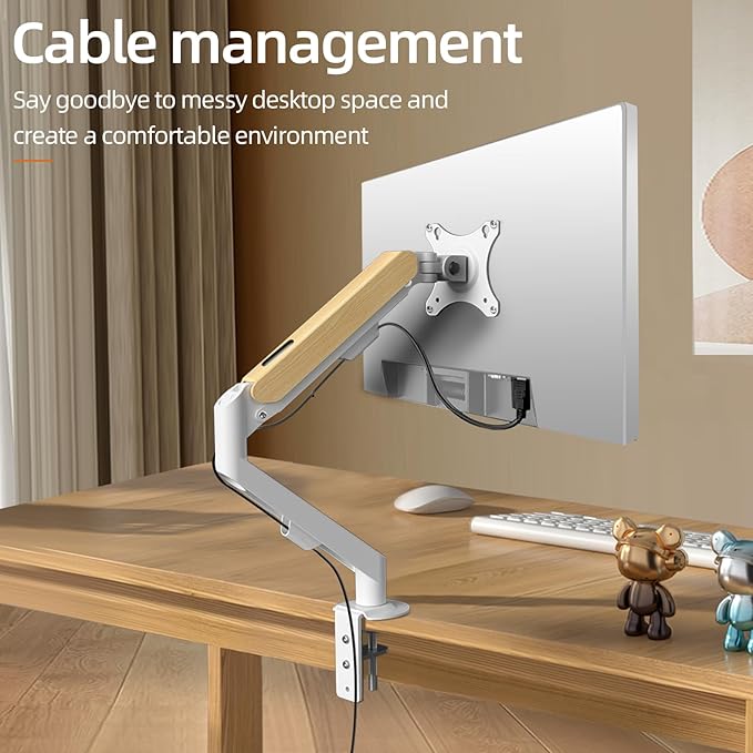 Single White Monitor Desk Arm Mount, Adjustable Gas Spring Support 17-34 Inch, 4.4-19.8lbs Screen, Computer Stand Holder with Clamp/Grommet Mounting Base VESA Bracket M5W-M