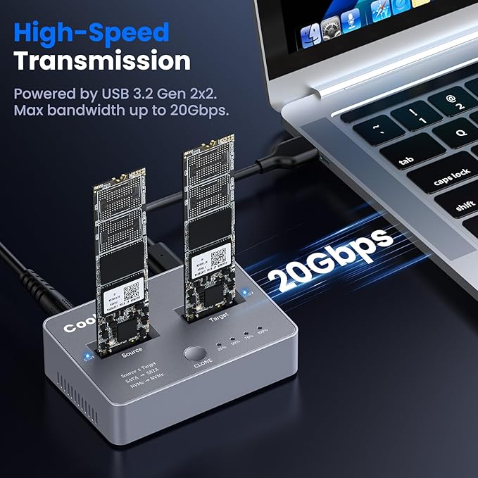 M.2 NVME/SATA Duplicator, Coolpie CR121 Dual-Bay Offline Clone M.2 NVME/SATA Docking Station, USB3.2 Gen2*2 20Gbps M.2 Cloner for SSD Size 2230/2242/2260/2280/22110