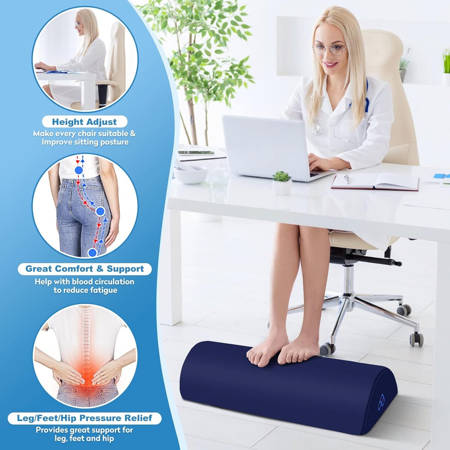 StepLively Foot Rest Ergonomic Pillow for Under Desk at Work, Anti-Fatigue Footrest Support Pillow for Fatigue & Pain Relief, Comfortable for Office Chair, Car Seat & Gaming Chair - Blue, Large