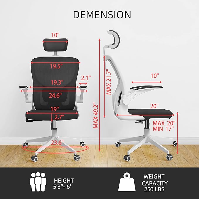 Monhey Office Chair Ergonomic Desk Chair with Lumbar Support&Headrest&Flip-up Arms Height Adjustable Rocking Swivel High Back Computer Chair Warm Taupe Mesh Study Chair (03White+Black)