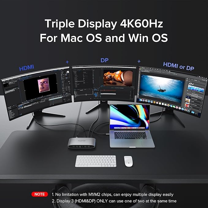 Displaylink Docking Station, Triple Display DisplayLink Dock for MacBook M1/M2/M3 Windows, 4K@60Hz Laptop Docking Station with 2 HDMI, 2 Display Port, PD, USB C Data, 4 USBA, Ethernet, Audio