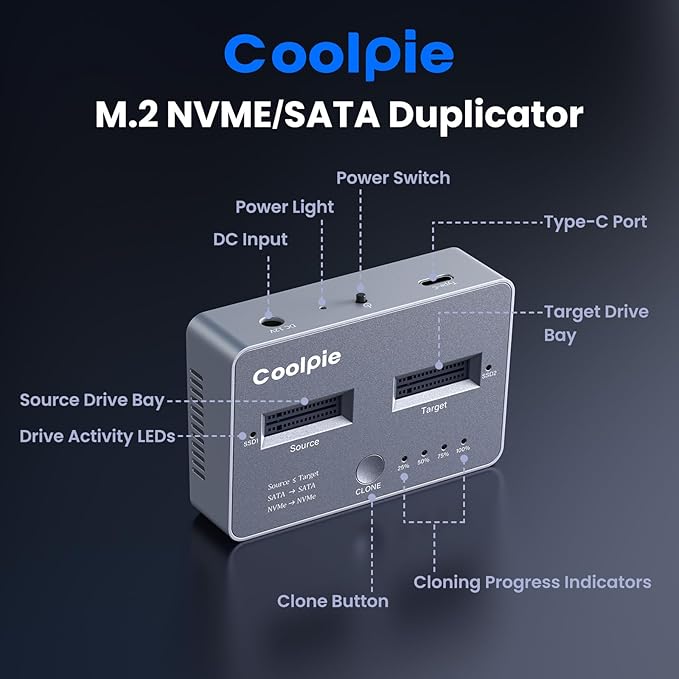 M.2 NVME/SATA Duplicator, Coolpie CR121 Dual-Bay Offline Clone M.2 NVME/SATA Docking Station, USB3.2 Gen2*2 20Gbps M.2 Cloner for SSD Size 2230/2242/2260/2280/22110