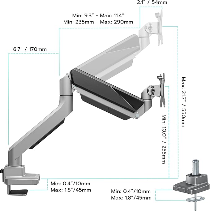 ARES WING Ultrawide Single Monitor Arm, Heavy Duty Monitor Mount for 13"-45" Curved Screens, Adjustable Stand for Desk with C-clamp & Grommet Base up to 40 LBS, Gray