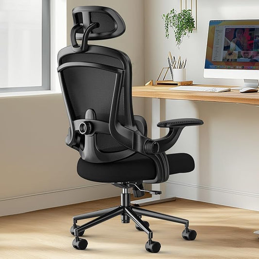 DUMOS Ergonomic Mesh Office Chair - High Back Executive Chair with 2D Headrest & Up&Down Lumbar Support | Adjustable Flip-Up Arms, 330lbs Heavy Duty for Home Office/Gaming (Inky)