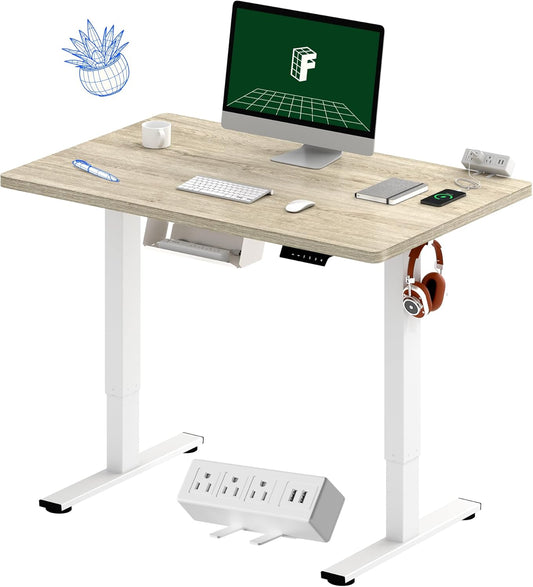 FLEXISPOT EN2 Whole-Piece Standing Desk with Clamp Power Strip, 40 x 24 Electric Stand Up Height Adjustable Desk with Cable Management (White Frame + 40" White Wood Grain Desktop)