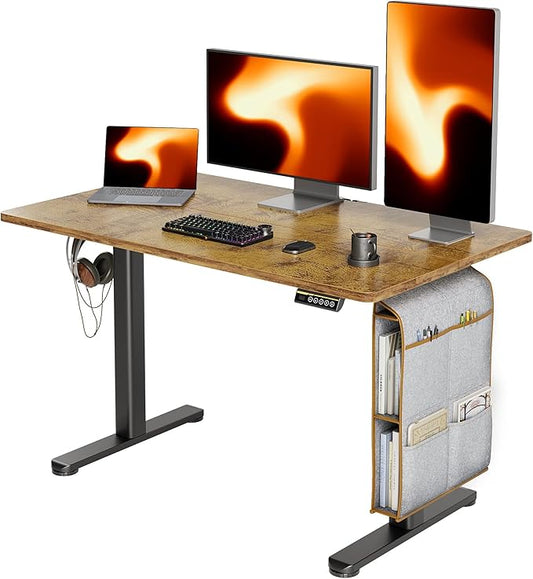 Claiks Electric Standing Desk Adjustable Height with Spacious Storage Bag, 48x24 Inch Stand Up Desk with Headphone Hook, Sit Stand Table for Home Office Computer Workstation, Rustic Brown
