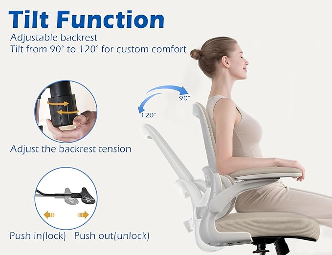 TRALT Ergonomic Office Chair - Desk Chair with Adjustable Lumbar Support Computer Chair - Mesh Comfy Chair with Flip-up Armrests - Gaming Chairs for Adults Home Office (Leather, Beige)