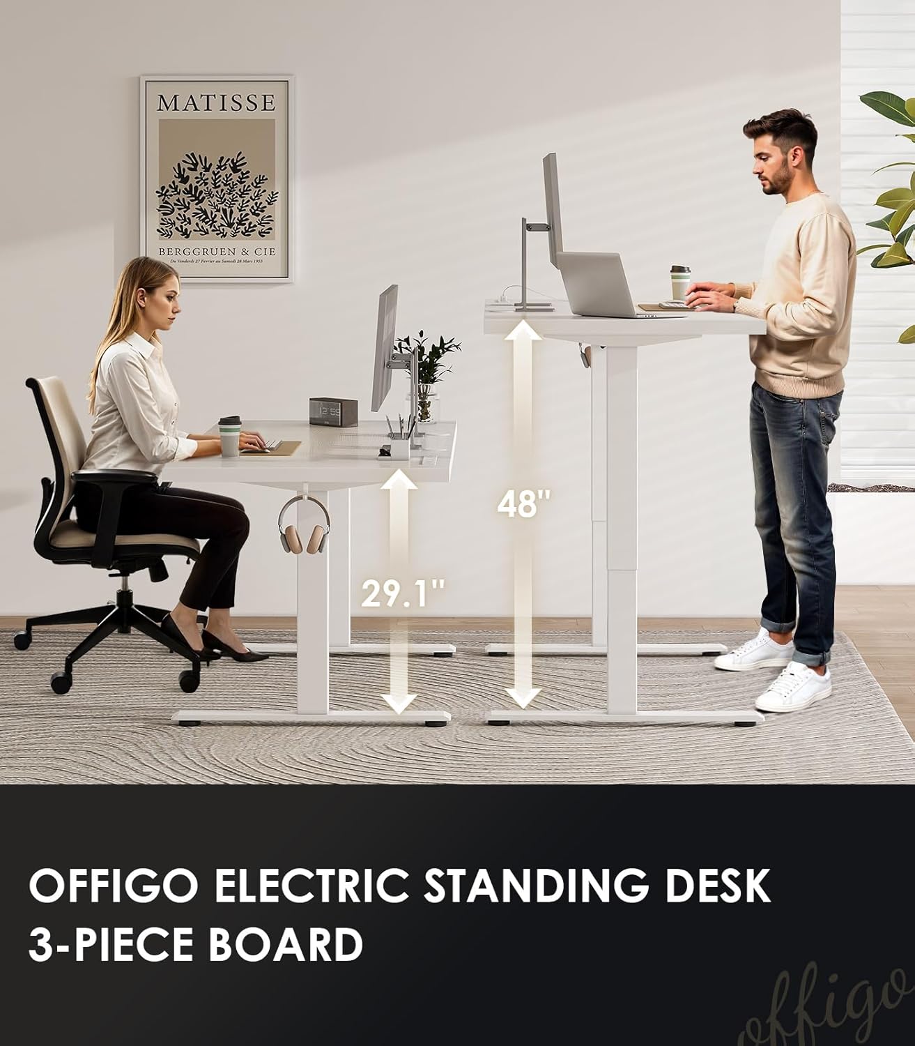 OffiGo Electric Standing Desk with 3-Piece Board, 71 Inch Height Adjustable Large Table with Power Outlets, Sit Stand Table, Writing Computer Desk for Home, Office, Workstation, White