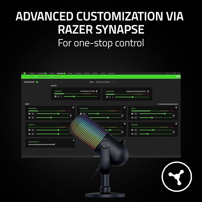 Razer Seiren V3 Chroma RGB USB Microphone: Stream & Game Reactive Lighting - Tap-to-Mute Sensor - Condenser Mic - Digital Gain Limiter & Shock Absorber - PC, Discord, OBS Studio, XSplit - Black