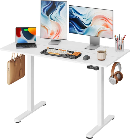 DEVAISE 48 Inch Electric Standing Desk, 3 Adjustable Height Stand up Desk for Home Office, Ergonomic Sit to Stand Desk with LED Touchscreen，Headphone Hook, 3 Memory Preset Computer Desk (White)