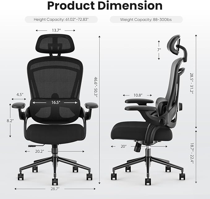 Sweetcrispy Ergonomic Mesh Office Chair, High Back with 2D Headrest, Up&Down Lumbar Support, Swivel Computer Task Desk Chairs with Adjustable Flip-up Armrests, Black