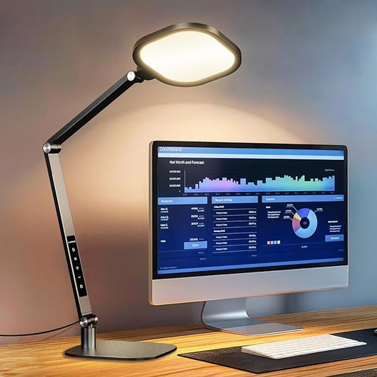 LED Desk Lamp for Home Office, 15W Computer Zoom Lighting with Swing Arm, Memory & Timer Function, Dimmable Desktop Ring Light for Video Calls, Conference, Reading, Streaming, Podcasting