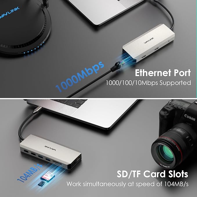 WAVLINK USB C Docking Station - Dual Monitor, Triple Display, 2 HDMI, DisplayPort, PD Charging, Ethernet, 5 USB, SD/TF Card Reader, Audio for MacBook, Dell, HP, Lenovo, Surface