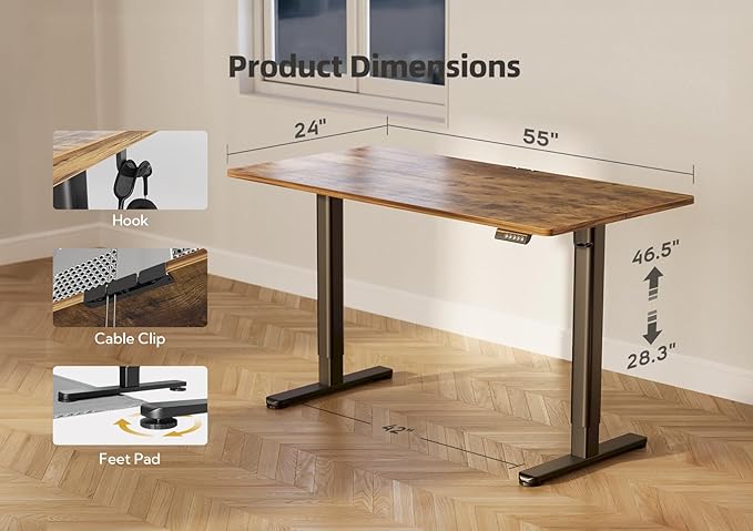 YDN Electric Standing Desk Adjustable Height, 55 x 24 Inches Stand up Desk with Cable Management, Home Office Desks with Splice Board & Black Frame, Rustic Brown Top