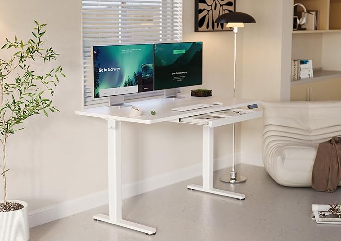 YDN Standing Desk with Drawers, 55 x 24 Inch Electric Adjustable Height Stand Up Desk, Sit Stand for Home Office, White