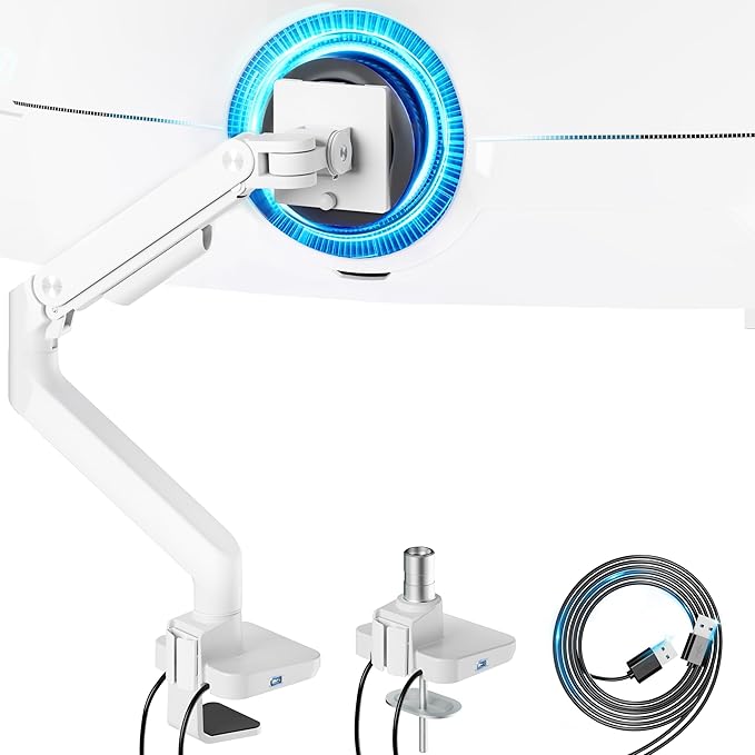 ARES WING Single Monitor Mount with USB A/C, Heavy Duty Monitor Arm for 17 to 49 inch Ultrawide Screen, Holds 44 lbs, Adjustable Gas Spring Arm Desk Mount with Clamp and Grommet Base, White