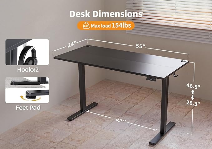Seang Standing Desk with Adjustable Height, 55x24 Inch Electric Stand Up Desk for Home Office, Studio, Computer Workstation, Black Top