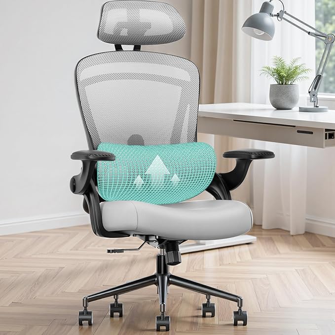 DUMOS Ergonomic Mesh Office Chair - High Back Executive Chair with 2D Headrest & Up&Down Lumbar Support | Adjustable Flip-Up Arms, 330lbs Heavy Duty for Home Office/Gaming (Grey)