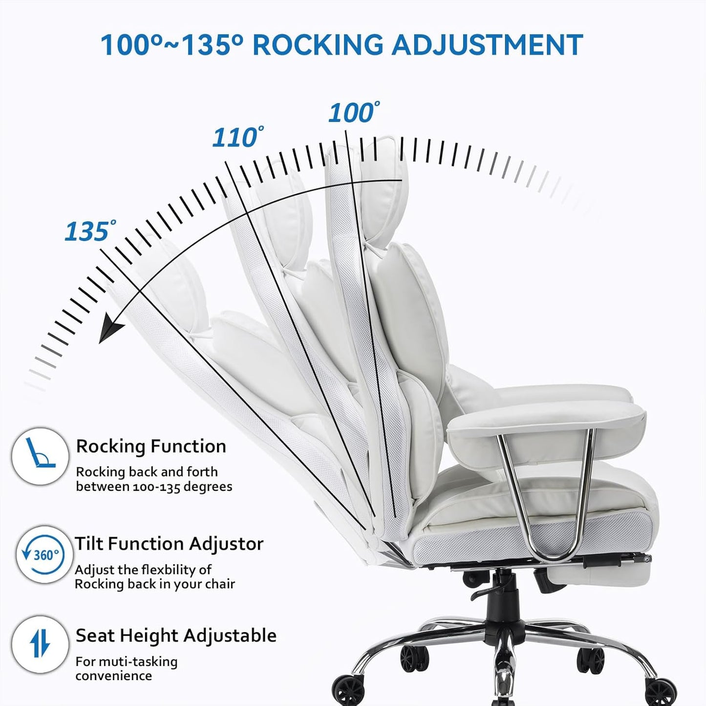 Efomao Big and Tall Office Chair 400lbs – High Back PU Leather Executive Chair with Lumbar Support, Footrest, Swivel Base, Padded Armrests, and Rolling Wheels for Home Office, White Computer Chair