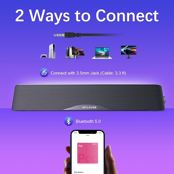 Computer Speakers, HiFi Sound Quality Computer Sound Bar, USB Powered PC Speakers, Bluetooth 5.0 and 3.5mm Aux-in Computer Speakers for Desktop, Laptops, PCs, Phones, Tablets, Xbox, Gaming Speakers