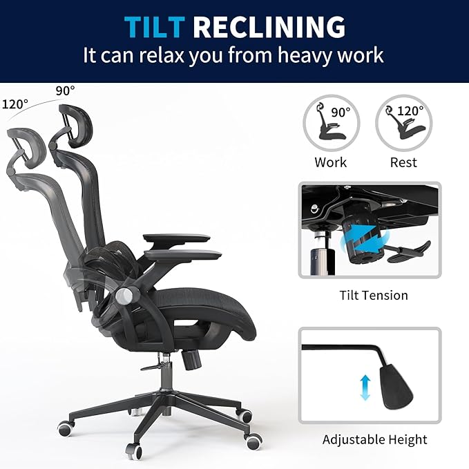 Monhey Office Chair Ergonomic Desk Chair with Lumbar Support&Headrest&Flip-up Arms Height Adjustable Rocking Swivel High Back Computer Chair Warm Taupe Mesh Study Chair (04black)