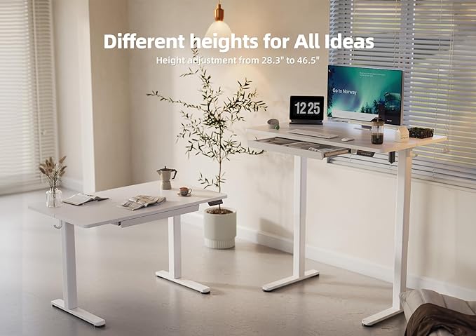 YDN Standing Desk with Drawers, 48 x 24 Inch Electric Adjustable Height Stand Up Desk, Sit Stand for Home Office, White