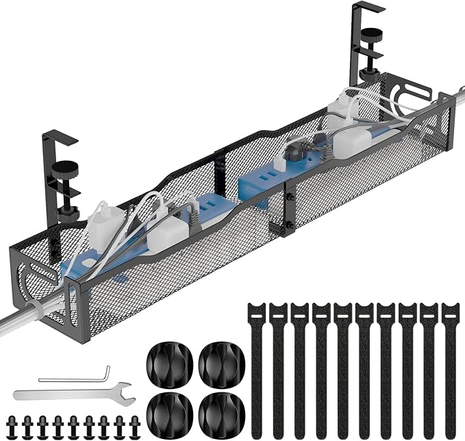 Under Desk Cable Management Tray, 15.7'' No Drill Steel Desk Cable Organizers, Wire Management Tray Cable Management Rack (24.4" Length-Black)