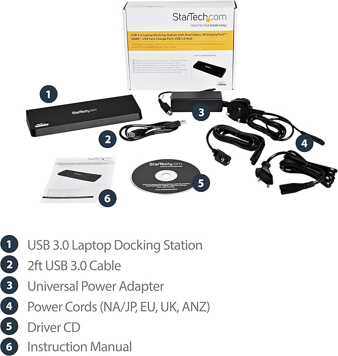 StarTech.com USB 3.0 Docking Station - 4K - HDMI / DisplayPort - with Fast Charge / Ethernet / Audio - Universal Docking Station
