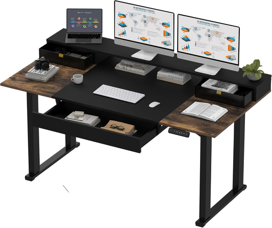 SANODESK Electric Standing Desk with 2 Drawers, 71 x 32 inch Height Adjustable Computer Desk, Home Office Stand Up Desk with 4 Preset Heights, Dark Walnut