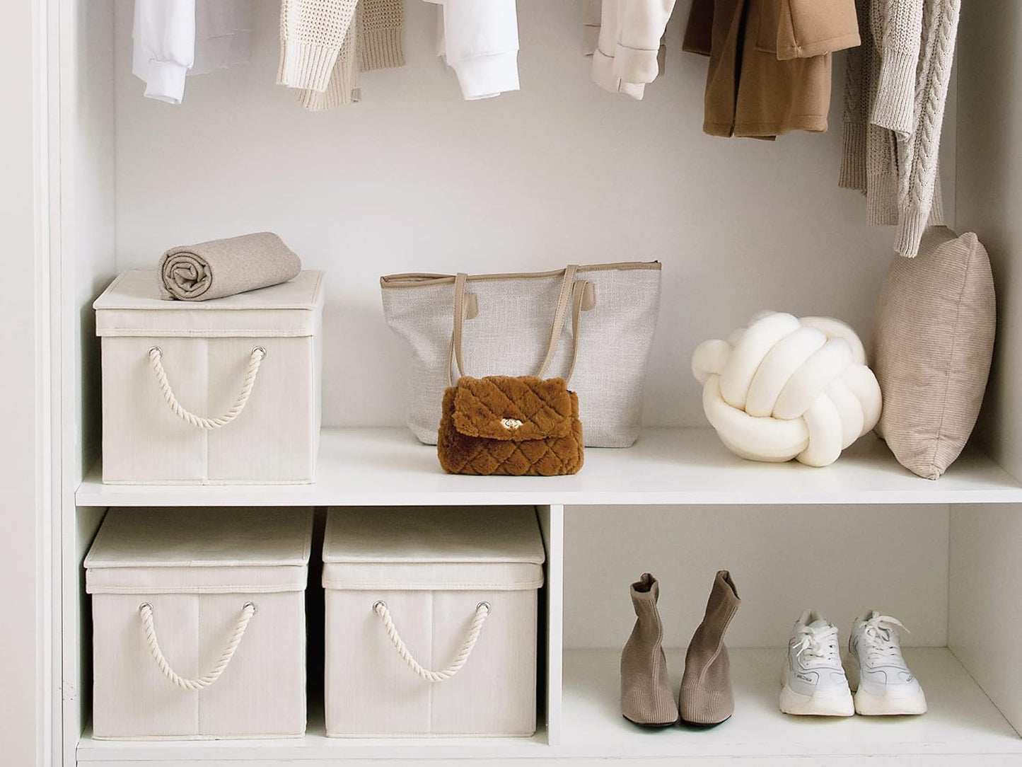 StorageWorks Storage Bins with Lids, Decorative Storage Boxes with Lid and Soft Rope Handles, Foldable Storage Baskets for Closet, Shelves, Stackable, Mixing of Beige, White & Ivory, Jumbo, 3-Pack