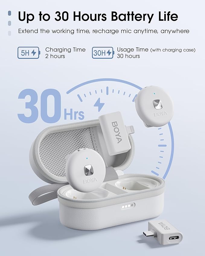 BOYA Omic Wireless Microphone for iPhone/Android with MFi Certified Lightning/USB-C Plug, Noise Reduction, 164ft 30H Battery Life with Charging Case, iPhone Microphone for Video Recording-White