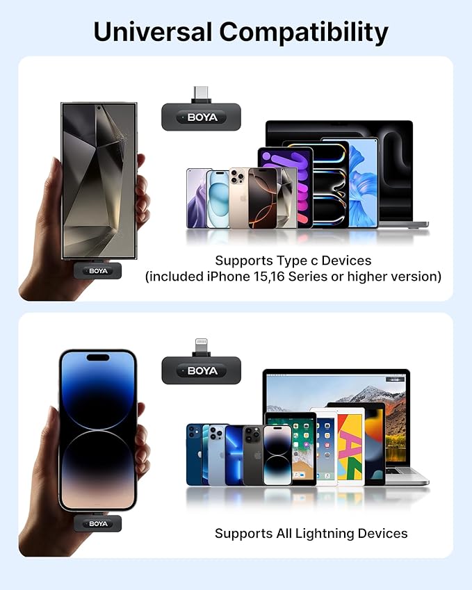 BOYA V3 Combo Wireless Microphone for iPhone/Andriod/PC/Laptop with USB-C/Lightning Port, 36H Battery Life with Charging Case, Noise Canceling Lapel Microphone Wireless Mini Mic for Video Recording