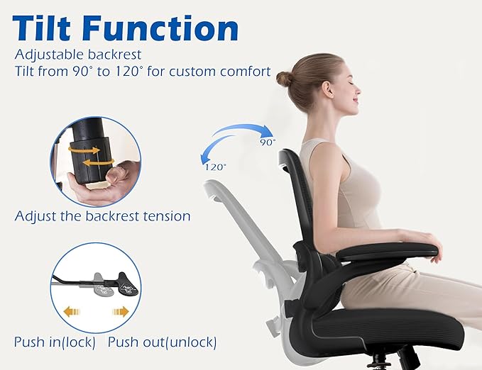 TRALT Ergonomic Office Chair - Desk Chair with Adjustable Lumbar Support Computer Chair - Mesh Comfy Chair with Flip-up Armrests - Gaming Chairs for Adults Home Office (Leather, Black)