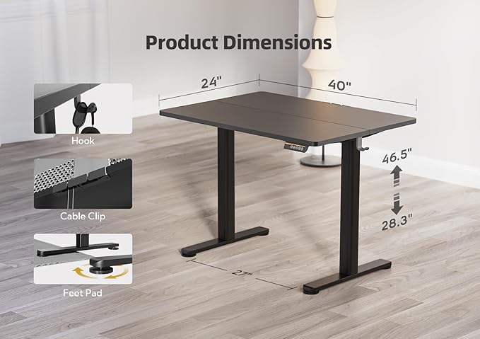 YDN Electric Standing Desk Adjustable Height, 40 x 24 Inches Stand up Desk with Cable Management, Home Office Desks with Splice Board & Black Frame, Black Top