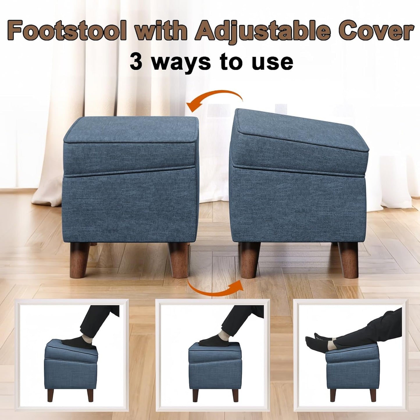 Storage Ottomans with Adjustable Cover, BOGO, Soft Step Stool, Footrest and Seat, Ottoman Foot Rest Set for Living Room, Bedroom, Dorm, Blue