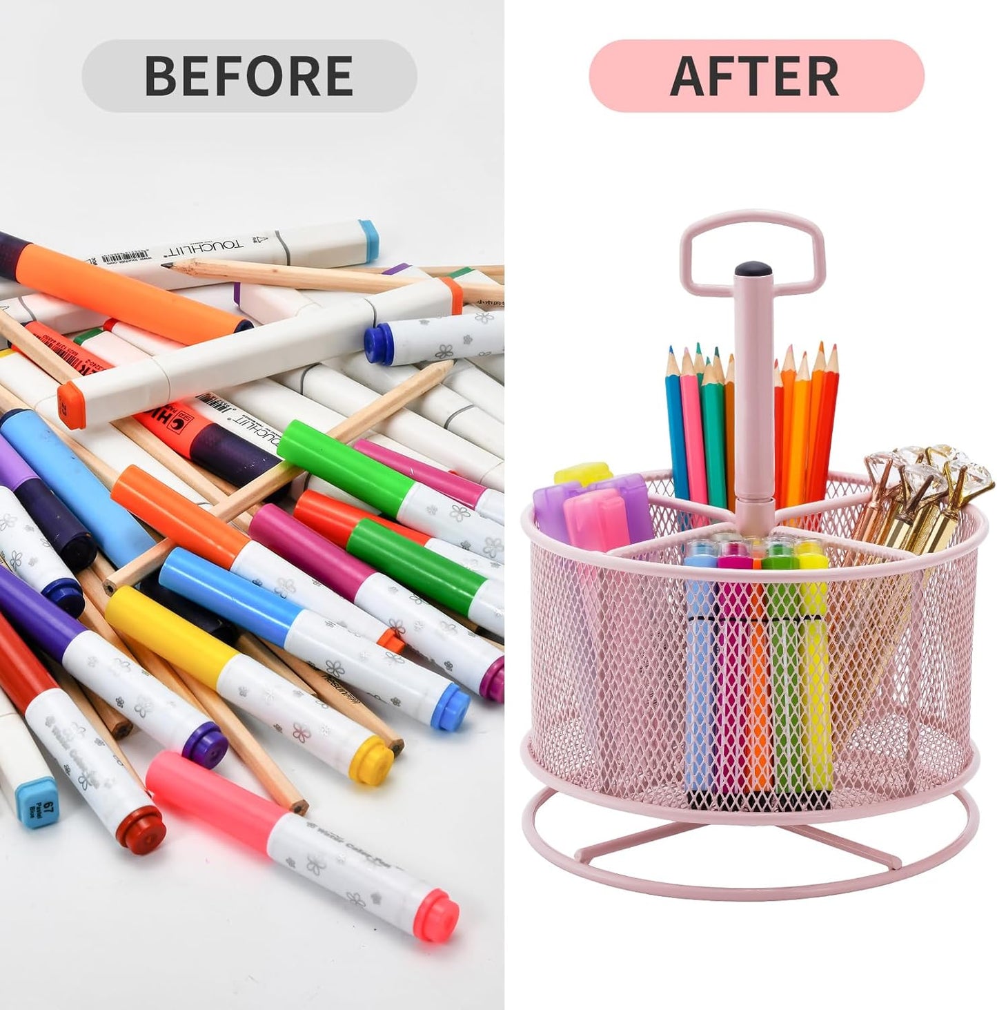 Marbrasse Mesh Desk Organizer, 360-Degree Rotating Multi-Functional Pen Holder, 4 Compartments Desktop Stationary Organizer, Home Office Art Supply Storage Box Caddy (Pink)