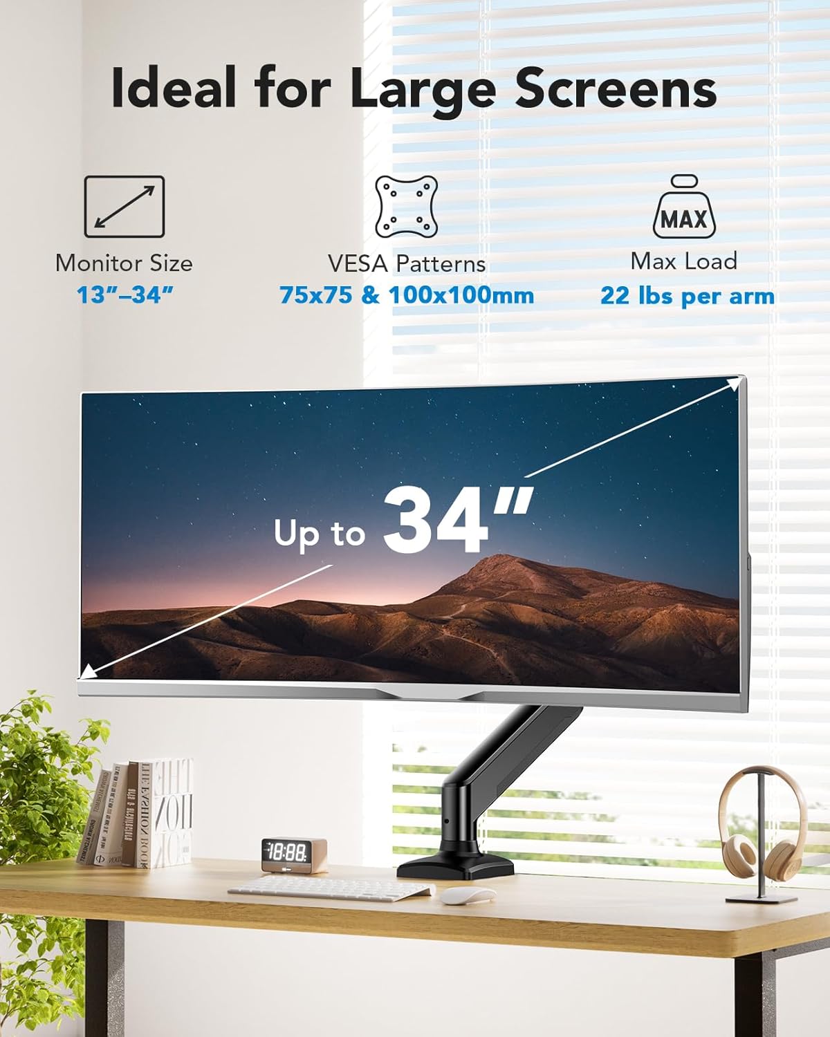 HUANUO Single Monitor Arm 13-34 Inch, Adjustable Gas Spring Arm, Monitor Desk Mount for 4.4-22lbs, VESA 75/100mm with C-Clamp/Grommet Base, Ergonomic Stand for Work/Gaming