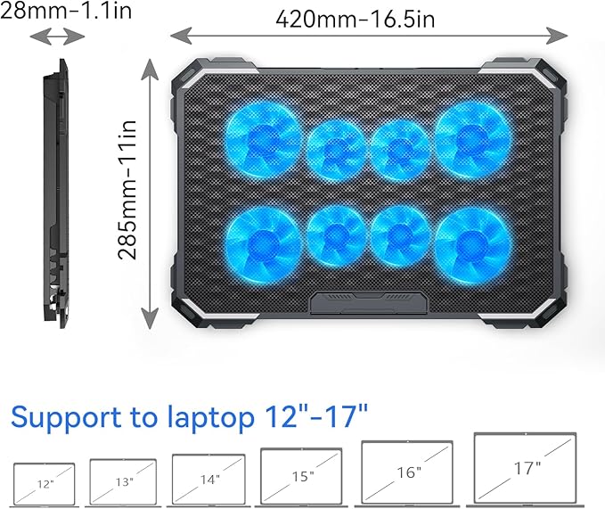 ICE COOREL Laptop Cooling Pad with 8 Cooling Fans, Cooling Pad for Laptop Fan 13-15.6 Inch, Laptop Cooler Stand with 6 Height Adjustable, Notebook Cooler Pad with Two USB Port [2025 Version]