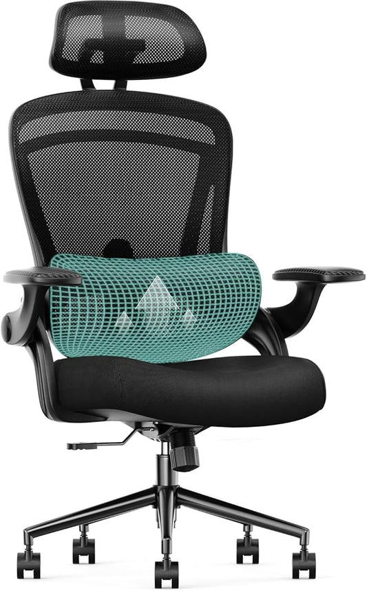 Sweetcrispy Ergonomic Mesh Office Chair, High Back with 2D Headrest, Up&Down Lumbar Support, Swivel Computer Task Desk Chairs with Adjustable Flip-up Armrests, Black
