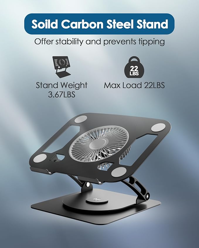 SHUWEI Laptop Cooling Stand with 3 Speed Fan, Adjustable Height & Angle, 360 Rotation Base, Carbon Steel Framework, Ultra-Quiet & Super Sturdy for up to 16”Laptop - Black