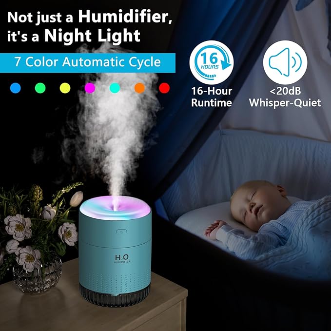 Colorful Mini Humidifier, USB Rechargeable Humidifier, small humidifier, 4 Modes Super Quiet, Humidifiers For Bedroom,Suitable For Travel Office Family Baby Bedroom-Blue
