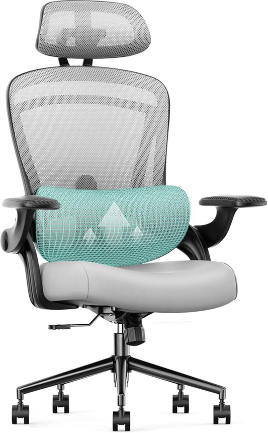 Sweetcrispy Ergonomic Office Chair, High Back with 2D Headrest, Up&Down Lumbar Support, Swivel Computer Task Mesh Desk Chairs with Adjustable Flip-up Armrests, Classic Grey