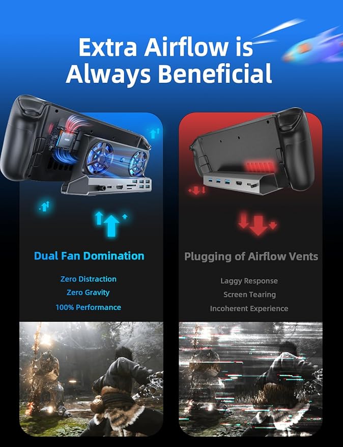LISEN 10-IN-1 Docking Station for Steam Deck OLED&ROG Ally X&Legion Go, Dual Cooling Fan 5 USB Ports and 4K@60Hz, 100W Charging Port Support ROG Ally 30W Mode, Gigabit Ethernet Fit for Steam Deck OLED