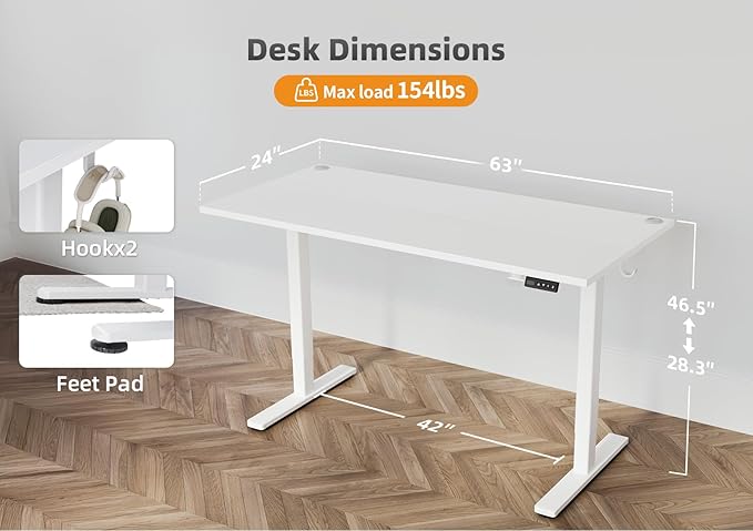 Seang Standing Desk with Adjustable Height, 63x24 Inch Electric Stand Up Desk for Home Office, Studio, Computer Workstation, White Top