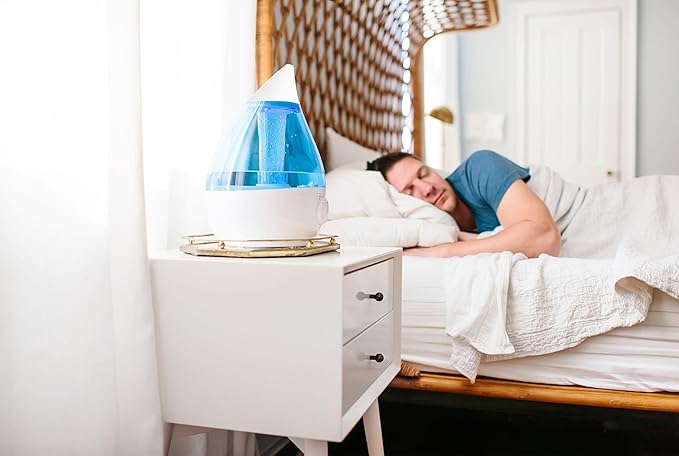 Crane Ultrasonic Cool Mist Teardrop Humidifier for Baby Nursery, Bedroom, Office, Large Room, Adjustable Humidity, Auto Shut-Off, Easy Clean Blue & White 1 Gallon