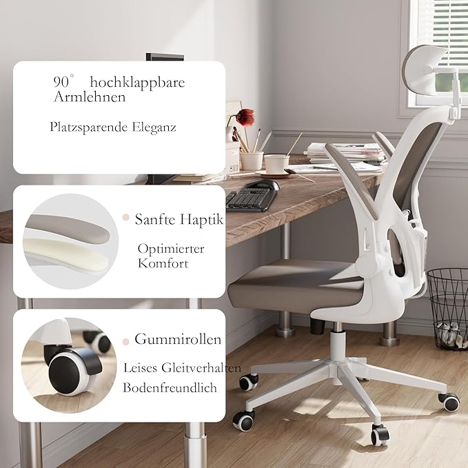 Monhey Office Chair Ergonomic Desk Chair with Lumbar Support&Headrest&Flip-up Arms Height Adjustable Rocking Swivel High Back Computer Chair Warm Taupe Mesh Study Chair (White+Khaki-2)